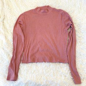 Pink Mock Neck Ribbed Long Sleeve Top